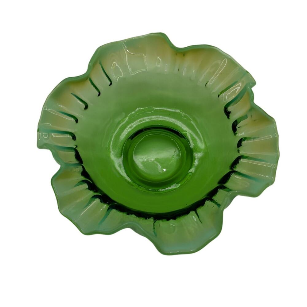 Vintage Green Opalescent Ruffled Edge Fenton Art Glass Bowl -- Read Description - Picture 6 of 16